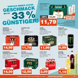 Gazetka promocyjna Real - Gazetka - ważna od 19.08 do 19.08.2023 - strona 17 - produkty: bier, bitburger, bitburger pils, budweiser, burger, coca-cola, cola, coupon, coupons, drink, eis, elle, energy drink, erdinger, granini, granini die limo, jever, jever pilsener, krombache, krombacher, krombacher pils, limo, monster, Monster Energy, payback, pils, pilsener, Ti, veltins, weissbier