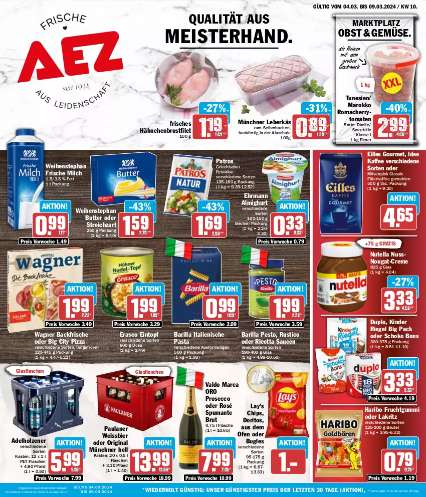 Aktueller Prospekt Aez - Prospekte - von 04.03 bis 09.03.2024 - strona 1 - produkty: adelholzener, almighur, almighurt, barilla, Becher, beutel, bier, brustfilet, brut, bugles, butter, cherrytomaten, chips, creme, Doritos, duplo, ecco, ehrmann, ehrmann almighurt, eilles gourmet, eimer, eintopf, eis, elle, erasco, feta, filet, filterkaffee, flasche, frische milch, frucht, fruchtgummi, gin, glasflasche, hähnchenbrust, hähnchenbrustfilet, haribo, Holz, italienische pasta, kaffee, Käse, Kinder, kinder riegel, Lakritz, leberkäs, leine, mac, Meister, milch, mövenpick, nuss, nutella, obst, oder lakritz, Ofen, pasta, patros, Paula, paulaner, pesto, pizza, prosecco, puma, reis, riegel, sauce, saucen, Schal, Schale, schoko, spumante, Streichzart, Ti, tomate, tomaten, topf, valdo, wagner, weihenstephan, weissbier, ZTE