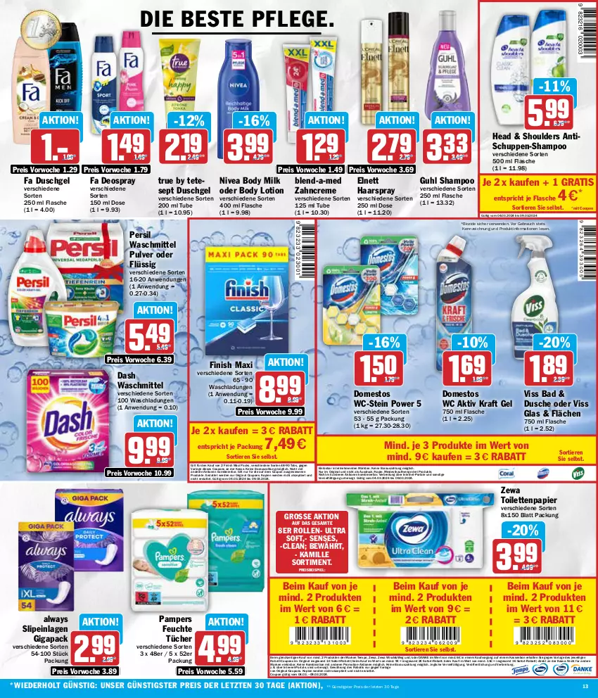 Aktueller Prospekt Aez - Prospekte - von 04.03 bis 09.03.2024 - strona 13 - produkty: Alwa, Always, Bad, bio, blend-a-med, body, body lotion, body milk, Brei, coupon, coupons, creme, deo, deospray, domestos, dusche, duschgel, eis, elnett, erde, fa duschgel, feuchte tücher, Finish, flasche, gin, Guhl, haarspray, Kamill, kamille, kraft, Lotion, nivea, pampers, papier, persil, persil waschmittel, rabatt-coupon, Rauch, reis, rwe, shampoo, slip, slipeinlagen, sofort-rabatt, Tempo, Ti, Tiere, tisch, toilettenpapier, tücher, waschmittel, zahncreme, zewa, ZTE