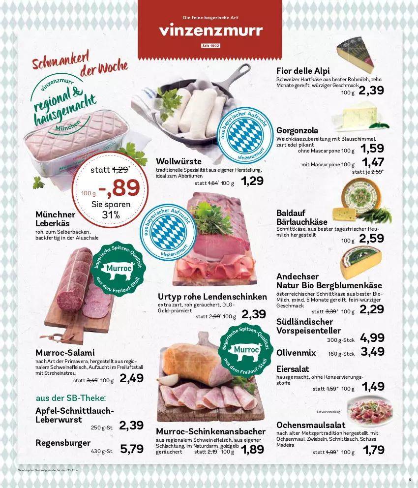 Aktueller Prospekt Aez - Prospekte - von 04.03 bis 09.03.2024 - strona 5 - produkty: andechser natur, apfel, bio, blume, blumen, burger, dell, eier, eiersalat, eis, elle, ente, gorgonzola, hartkäse, Heu, heumilch, Käse, leberkäs, leberwurst, LG, mac, mascarpone, milch, natur, olive, oliven, österreichischer schnittkäse, regensburger, reis, salami, salat, Schal, Schale, schinken, schnittkäse, schnittlauch, schwein, schweine, schweizer hartkäse, Spezi, teller, Ti, urtyp, vorspeise, weichkäse, wein, weine, wurst, ZTE, zwiebel, zwiebeln