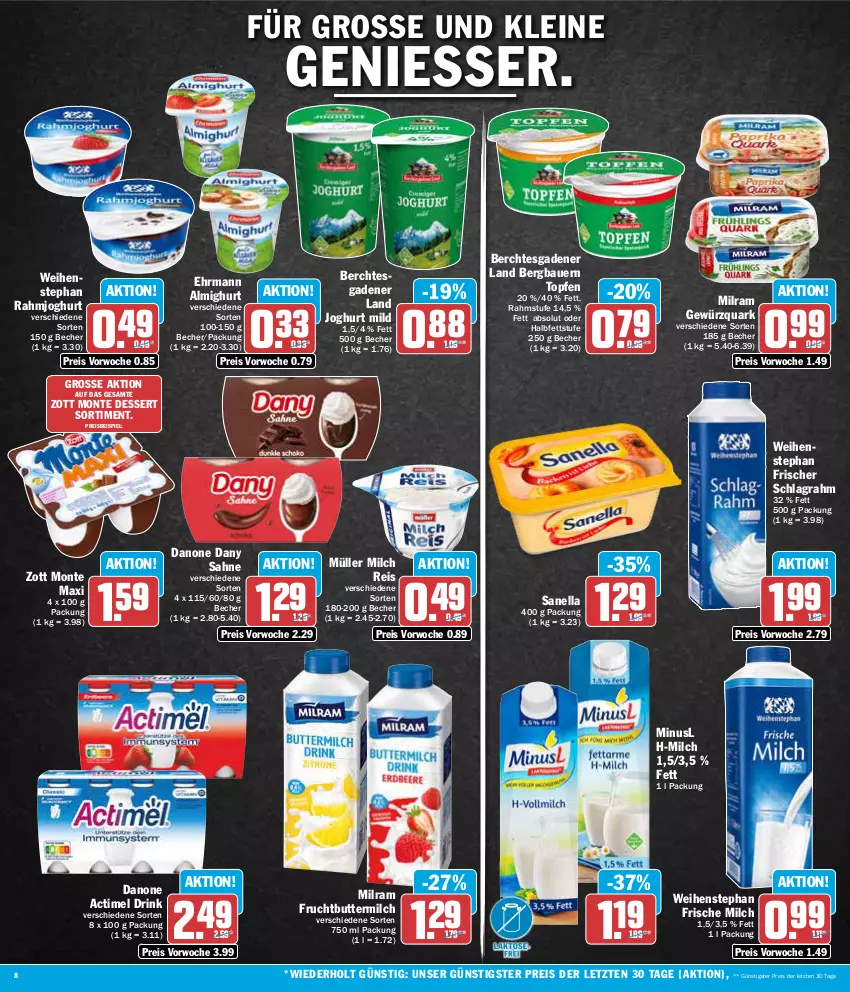 Aktueller Prospekt Aez - Prospekte - von 04.03 bis 09.03.2024 - strona 8 - produkty: actimel, actimel drink, almighur, almighurt, auer, Bau, Bauer, Becher, butter, buttermilch, danone, danone actimel drink, Dany, dany sahne, dessert, drink, ehrmann, ehrmann almighurt, eis, frische milch, frucht, gewürz, gewürzquark, joghur, joghurt, joghurt mild, leine, milch, milram, monte, Müller, quark, rahmjoghurt, reis, sahne, schlagrahm, Ti, topf, Topfen, weihenstephan, zott, Zott Monte, ZTE