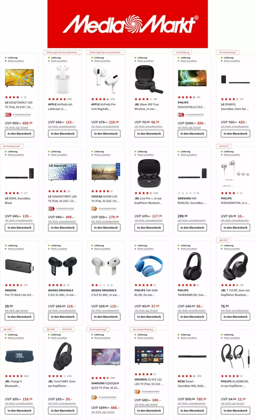 Aktueller Prospekt Media Markt - Prospekte - von 16.08 bis 24.08.2022 - strona 5 - produkty: Adidas, Apple, Apple AirPods, Apple AirPods Pro, Bose, gin, grundig, In-Ear Kopfhörer, jbl, kopfhörer, korb, lack, LCD TV, led tv, LG, ndk, Philips, Pods, qled, rel, Samsung, soundbar, Ti, versandkostenfrei