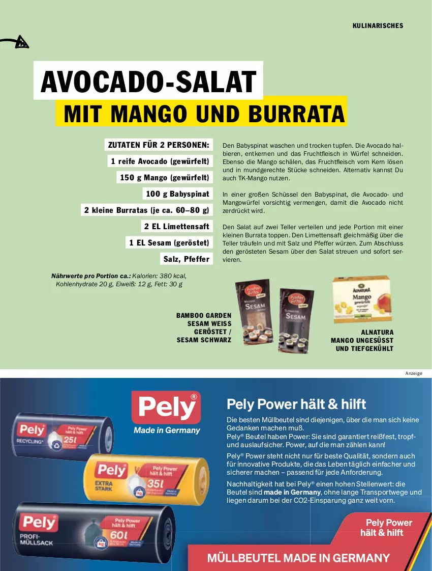 Aktueller Prospekt Hit - pures Leben - von 01.07 bis 31.12.2025 - strona 17 - produkty: avocado, Babyspinat, bamboo, beutel, bier, Biere, Burrata, eis, elle, frucht, Germ, leine, Liege, limette, limetten, mac, mango, Mett, metten, müllbeutel, natur, natura, pely, pfeffer, rum, rwe, saft, salat, salz, schüssel, sesam, spinat, Sport, teller, Ti, würfel