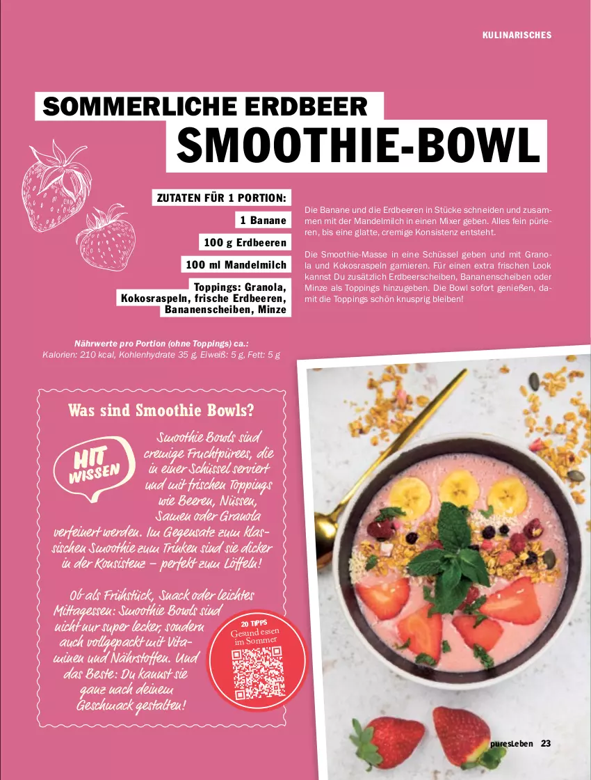Aktueller Prospekt Hit - pures Leben - von 01.07 bis 31.12.2025 - strona 23 - produkty: banane, bananen, beere, beeren, erdbeere, erdbeeren, erde, frucht, garnier, kokos, latte, LG, Löffel, mac, mandel, merl, milch, minze, Mixer, püree, rwe, schüssel, smoothie, snack, Ti, vita, Vitamine