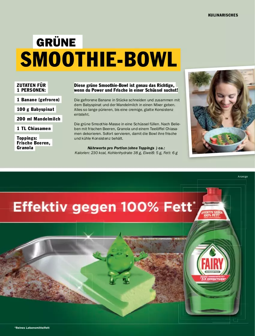 Aktueller Prospekt Hit - pures Leben - von 01.07 bis 31.12.2025 - strona 25 - produkty: Babyspinat, banane, beere, beeren, chia, latte, Löffel, mandel, milch, Mixer, rwe, schüssel, smoothie, spinat, tee, Ti