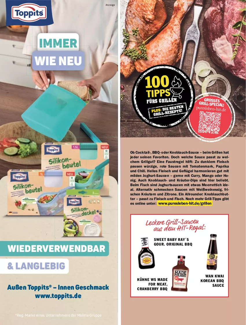 Aktueller Prospekt Hit - pures Leben - von 01.07 bis 31.12.2025 - strona 28 - produkty: aust, butter, chili, cocktail, cranberry, curry, dip, eis, elle, essig, fisch, fleisch, gin, grill, honig, joghur, joghurt, knoblauch, Knoblauchbutter, kräuter, kräutern, Kühne, LG, mac, mango, meerrettich, melitta, paprika, regal, Rettich, rwe, sauce, saucen, Ti, tomate, tomaten, tomatenmark, toppits, wein, weine, Weißwein, zitrone