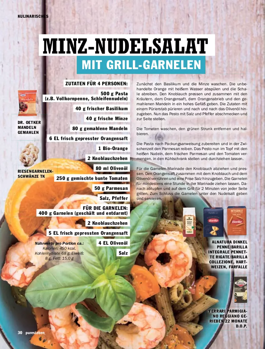 Aktueller Prospekt Hit - pures Leben - von 01.07 bis 31.12.2025 - strona 30 - produkty: barilla, basilikum, bier, Biere, bio, Brei, brie, Dr. Oetker, eis, elle, farfalle, garnelen, grill, hartweizen, knoblauch, korn, kräuter, kräutern, kühlschrank, mandel, mandeln, marinade, minze, natur, natura, nudel, nudeln, nudelsalat, olive, oliven, olivenöl, orange, orangen, orangensaft, parmigiano, parmigiano reggiano, pasta, penne, pesto, pfeffer, reggiano, riesengarnelen, rwe, saft, salat, salz, Schal, Schale, Schrank, Spülen, Ti, tomate, tomaten, topf, wasser
