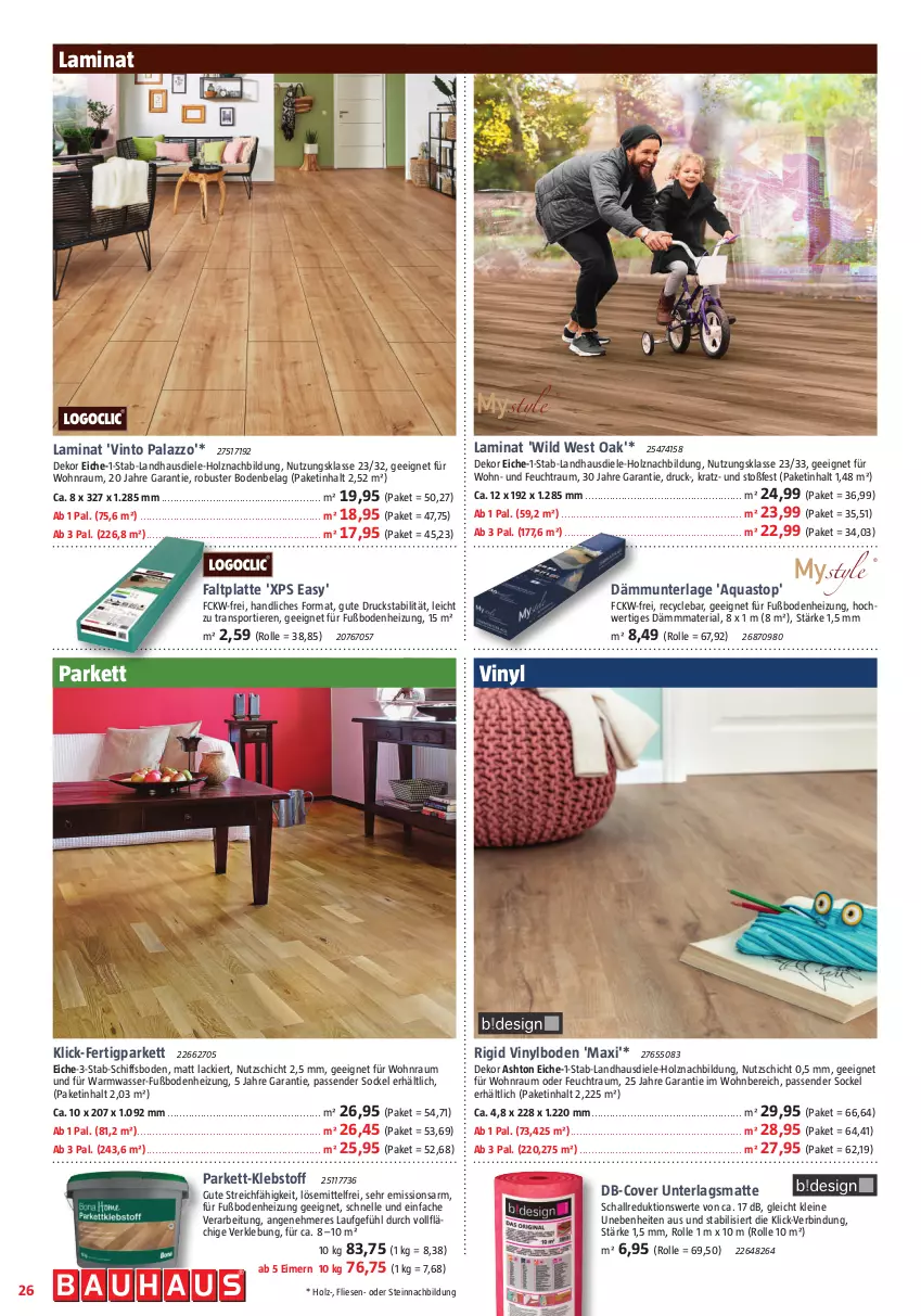 Aktueller Prospekt Bauhaus - Prospekte - von 02.09 bis 30.09.2023 - strona 26 - produkty: aqua, aquastop, Dämmunterlage, eimer, elle, Fertigparkett, Holz, lack, laminat, landhausdiele, latte, leine, Ria, Schal, Sport, Ti, Tiere, vinylboden, wasser, Wild