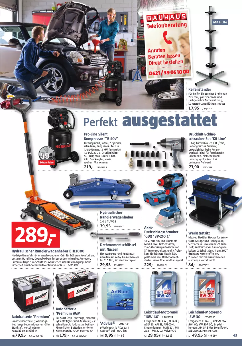 Aktueller Prospekt Bauhaus - Prospekte - von 02.09 bis 30.09.2023 - strona 43 - produkty: adblue, akku, auer, auto, batterie, batterien, Behälter, Brei, brut, eis, elle, Hobby, hocker, kompressor, kraft, ladegerät, Läufer, longlife, motorenöl, ohne akku und ladegerät, Rauch, reifen, ring, sac, schrauben, schubladen, telefon, Ti, tisch, werkzeug