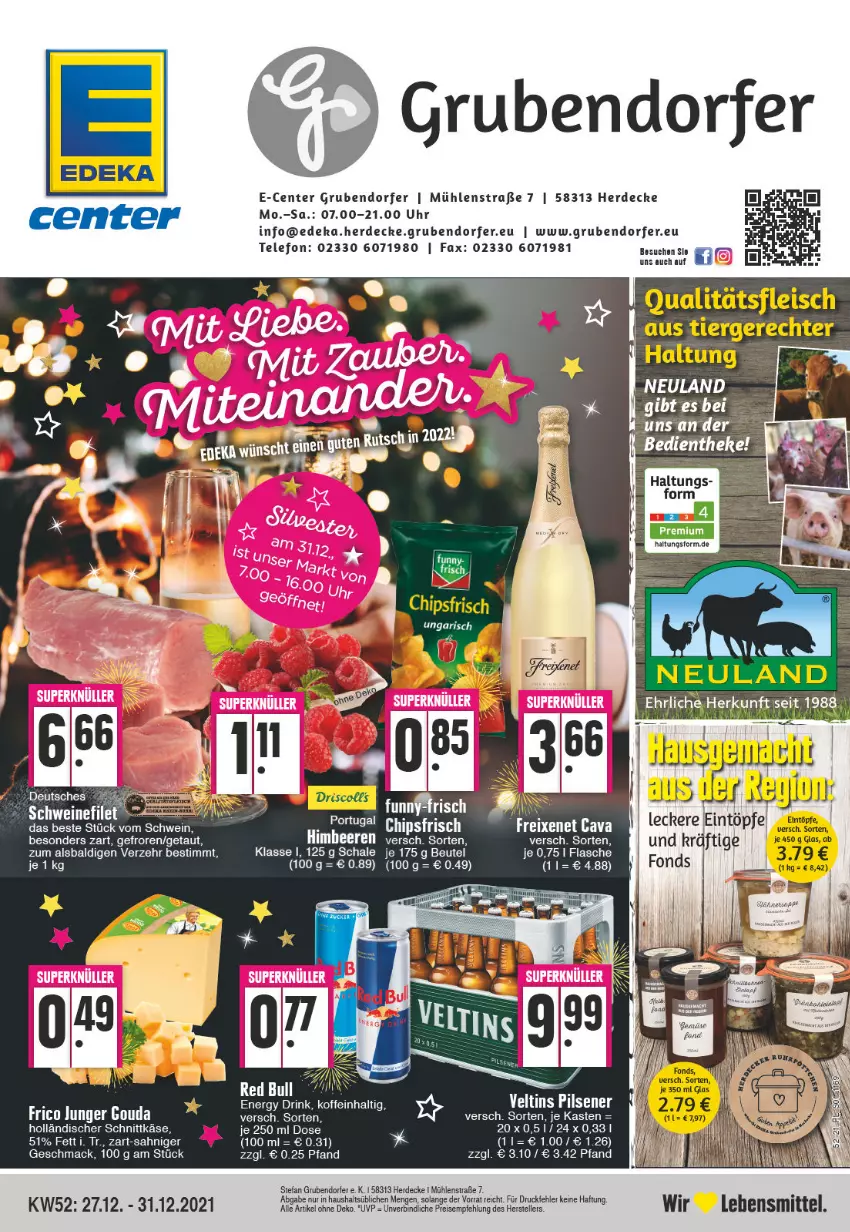 Aktueller Prospekt E Center - Angebote der Woche - von 27.12.2021 bis 01.01.2022 - strona 1 - produkty: aldi, beutel, chips, chipsfrisch, decke, deka, drink, eintöpfe, eis, energy drink, ente, erde, flasche, frico, gouda, holländischer schnittkäse, Käse, lebensmittel, mac, Schal, Schale, schnittkäse, schwein, telefon, Ti, uhr, veltins, wein