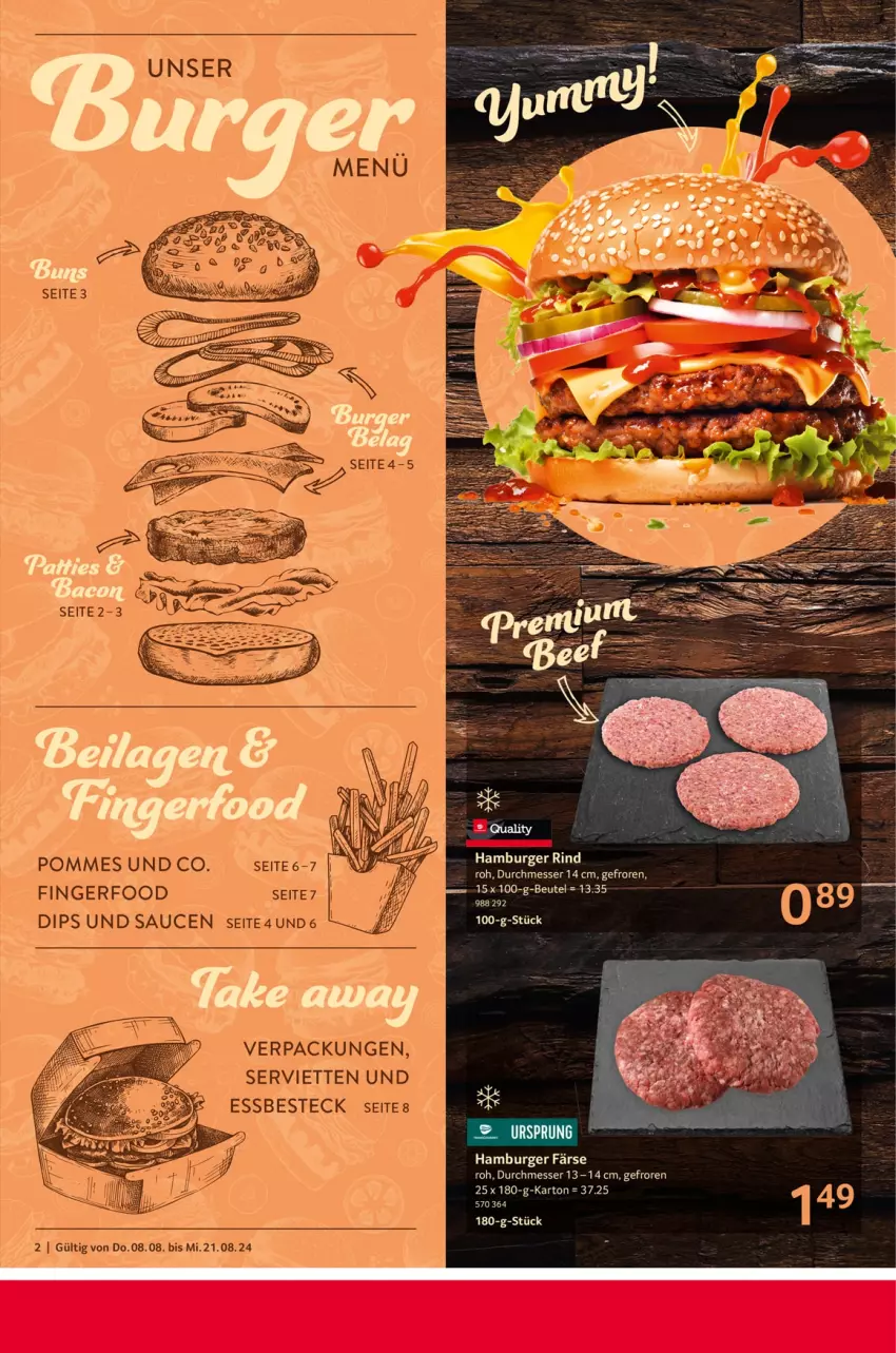 Aktueller Prospekt Selgros - Burger, Beilagen & Snacks - von 08.08 bis 21.08.2024 - strona 2 - produkty: besteck, beutel, burger, dip, hamburger, messer, pommes, rind, sauce, saucen, Serviette, servietten, Ti