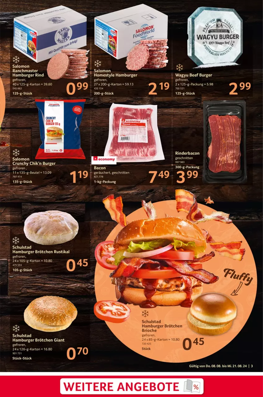 Aktueller Prospekt Selgros - Burger, Beilagen & Snacks - von 08.08 bis 21.08.2024 - strona 3 - produkty: angebot, angebote, bacon, beef, beutel, brötchen, burger, hamburger, hamburger brötchen, rind, salomon, schnitten, tee, Ti