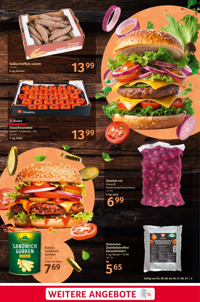 Aktueller Prospekt Selgros - Burger, Beilagen & Snacks - von 08.08 bis 21.08.2024 - strona 5 - produkty: angebot, angebote, beutel, eis, fleisch, gurke, gurken, Holz, Kühne, sac, sandwich, Ti, Tiere, tomate, tomaten, zwiebel