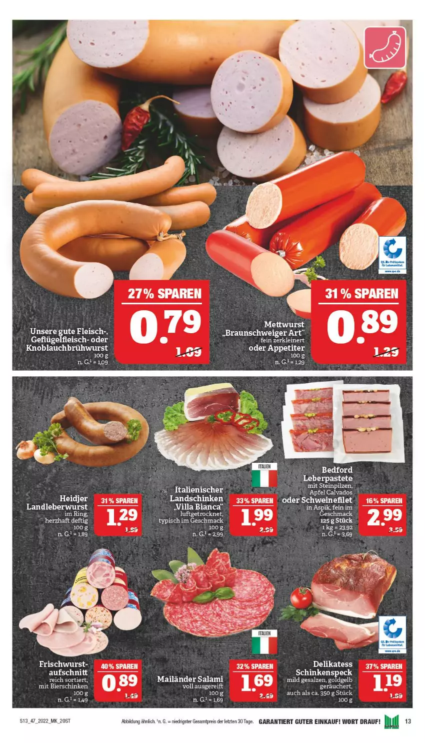 Aktueller Prospekt Marktkauf - Prospekt - von 20.11 bis 26.11.2022 - strona 13 - produkty: aufschnitt, bier, bierschinken, braun, Brühwurst, eis, filet, fleisch, Geflügel, knoblauch, Knoblauchbrühwurst, landleberwurst, leberwurst, mac, pastete, pilze, reis, ring, salami, salz, schinken, schwein, schweine, schweinefilet, Steinpilze, tee, Ti, wein, weine, wurst, ZTE