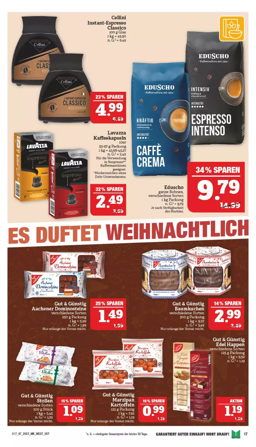 Aktueller Prospekt Marktkauf - Prospekt - von 20.11 bis 26.11.2022 - strona 17 - produkty: Bau, bohne, bohnen, caffe, classico, Dominosteine, eduscho, eis, espresso, kaffee, kaffeekapseln, kaffeemaschine, kartoffel, kartoffeln, kuchen, lavazza, marzipan, nespresso, reis, rwe, Stollen, tefal, Ti, ZTE