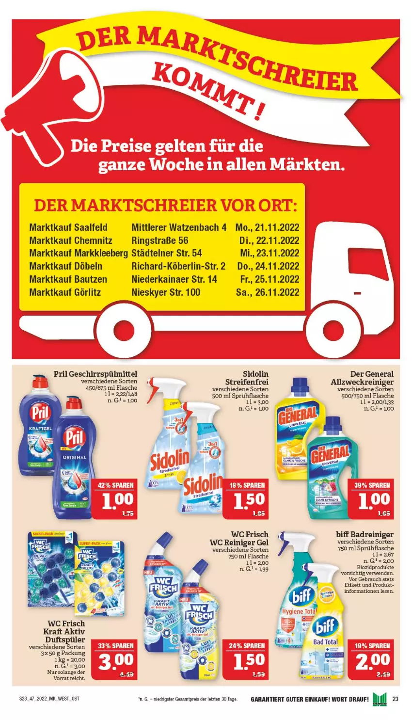 Aktueller Prospekt Marktkauf - Prospekt - von 20.11 bis 26.11.2022 - strona 23 - produkty: allzweckreiniger, Bad, Bau, biff, bio, biozidprodukte, eis, flasche, geschirr, geschirrspülmittel, gin, kraft, LG, pril, Rauch, reifen, reiniger, reiniger gel, reis, ring, rwe, sidolin, sprühflasche, spülmittel, Ti, weck, ZTE