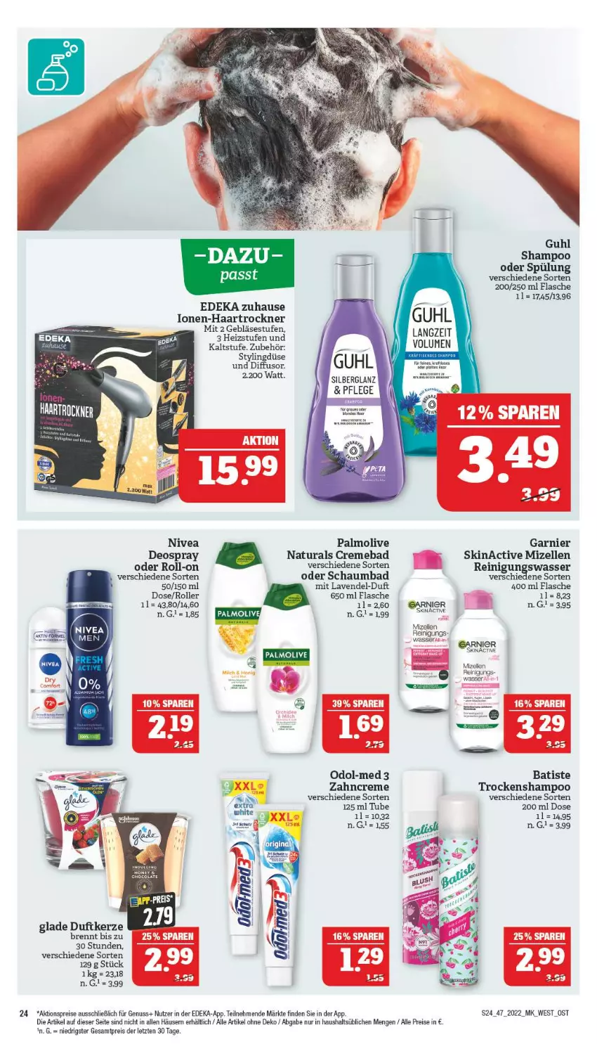 Aktueller Prospekt Marktkauf - Prospekt - von 20.11 bis 26.11.2022 - strona 24 - produkty: aktionspreis, Bad, bio, creme, deka, deo, deospray, eis, elle, flasche, garnier, Glade, gsw, Guhl, haartrockner, kerze, lavendel, mizellen, natur, natura, nivea, nuss, Odol, Odol-med 3, olive, palmolive, Reinigung, reis, roll-on, Roller, schaumbad, shampoo, shampoo oder spülung, spülung, Ti, Trockenshampoo, Trockner, wasser, zahncreme, ZTE