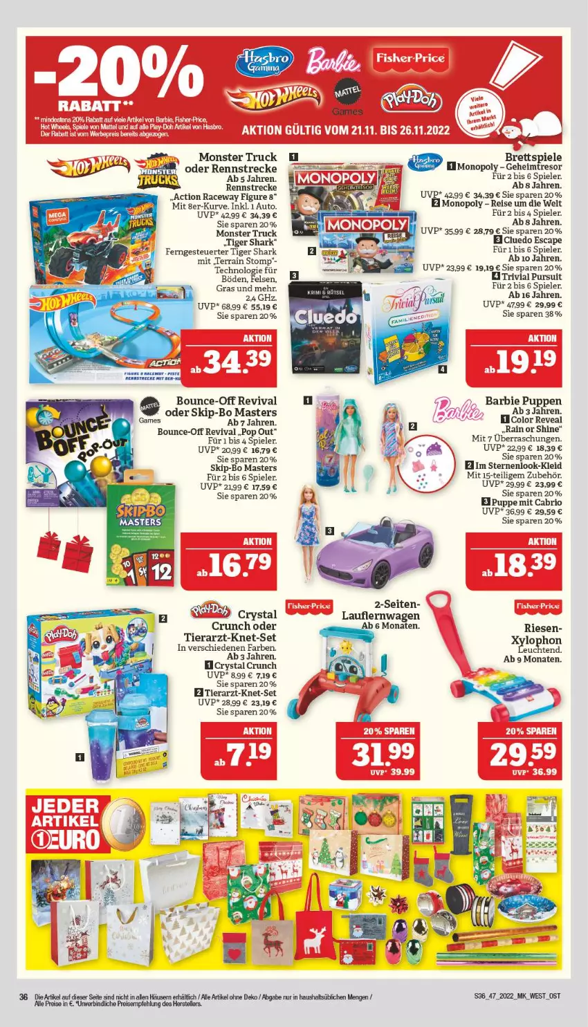 Aktueller Prospekt Marktkauf - Prospekt - von 20.11 bis 26.11.2022 - strona 36 - produkty: auto, Barbie, Cap, eis, kleid, monster, Monster Truck, Puppe, reis, Spiele, Ti, weck, Xylophon