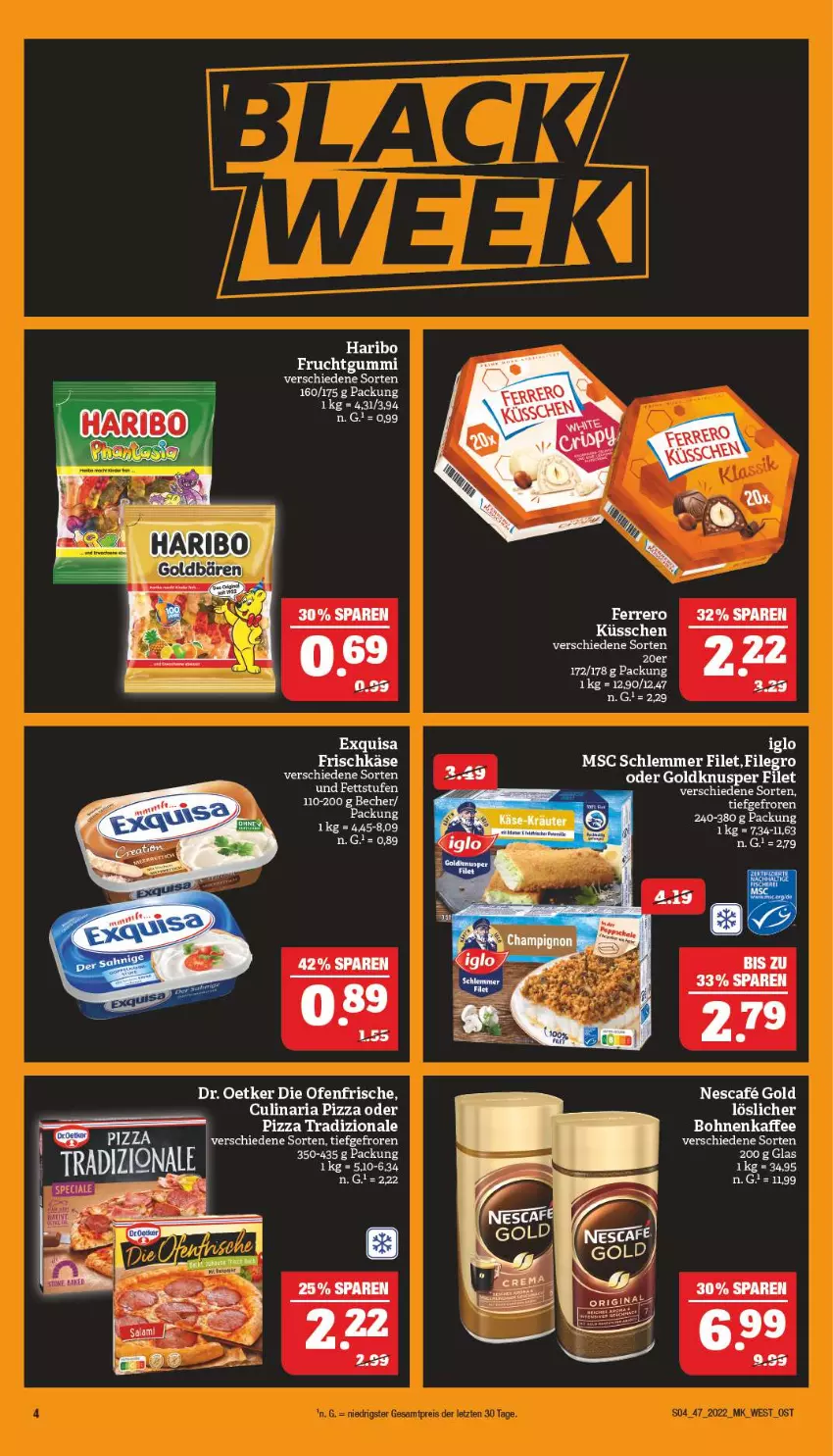 Aktueller Prospekt Marktkauf - Prospekt - von 20.11 bis 26.11.2022 - strona 4 - produkty: Becher, bohne, bohnen, bohnenkaffee, culinaria, die ofenfrische, Dr. Oetker, elle, exquisa, ferrero, filet, frischkäse, frucht, fruchtgummi, haribo, iglo, kaffee, Käse, Ofen, pizza, pizza tradizionale, Ria, Ti, tradizionale