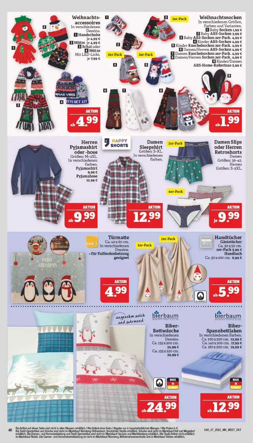 Aktueller Prospekt Marktkauf - Prospekt - von 20.11 bis 26.11.2022 - strona 40 - produkty: ACC, accessoires, ball, Ballerinas, Bau, bett, bettwäsche, bier, bierbaum, eier, eis, Gästetücher, handschuhe, handtuch, handtücher, hose, Kinder, Kuschelsocken, led-licht, Mütze, Pyjama, reis, rel, retroshorts, Ria, Schal, schuhe, shirt, shorts, sleepshirt, slip, slips, socken, spannbettlaken, Ti, tuc, tücher