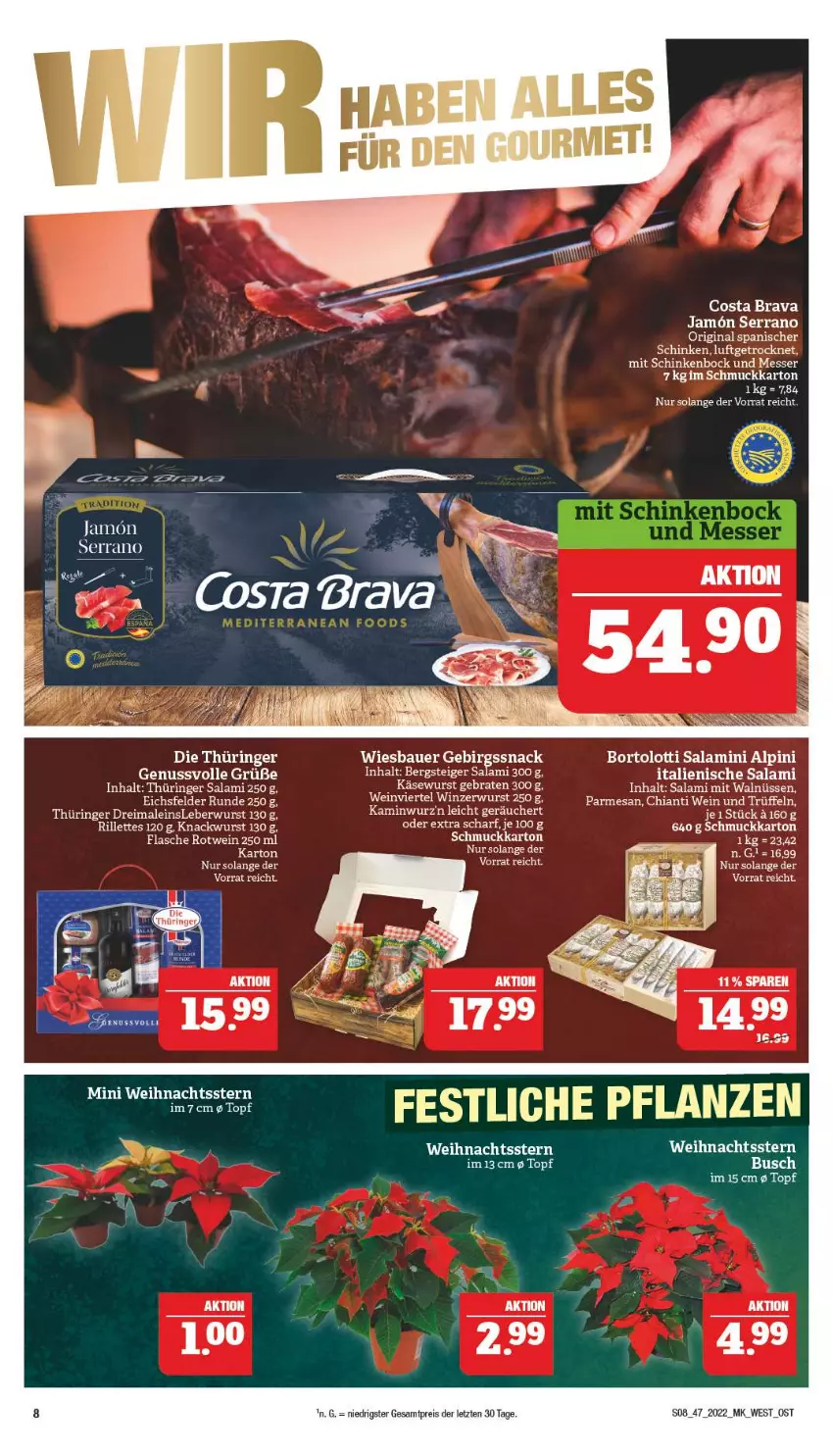 Aktueller Prospekt Marktkauf - Prospekt - von 20.11 bis 26.11.2022 - strona 8 - produkty: auer, Bau, Bauer, braten, chia, chianti, eier, eis, flasche, gin, Kamin, Kaminwurz, Käse, Käsewurst, leberwurst, messer, nuss, pflanze, pflanzen, reis, ring, rotwein, salami, schinken, Schmuck, serrano, snack, Ti, topf, Trüffel, Weihnachtsstern, wein, wiesbauer, wurst, ZTE