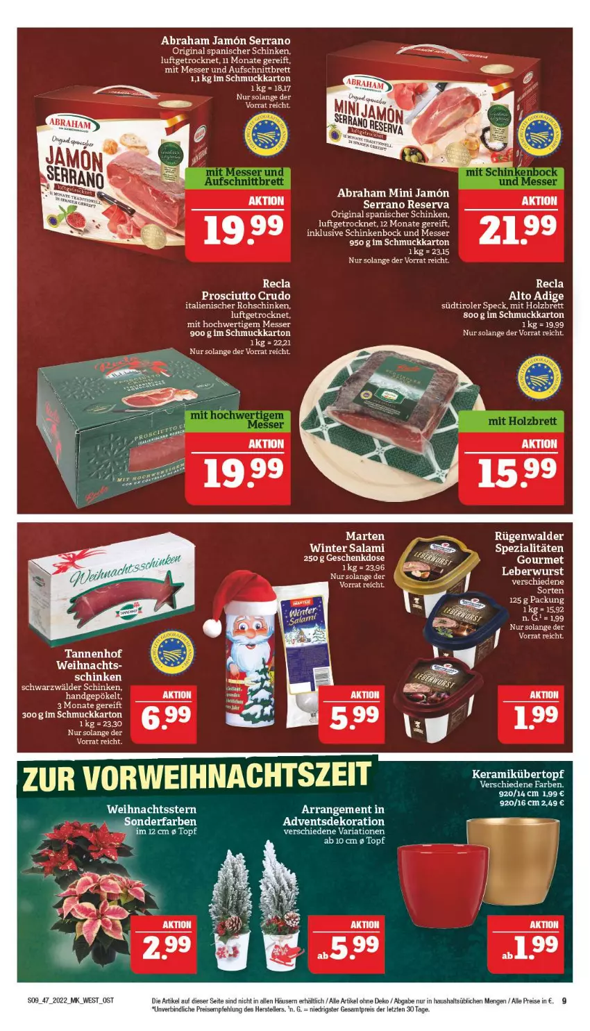 Aktueller Prospekt Marktkauf - Prospekt - von 20.11 bis 26.11.2022 - strona 9 - produkty: aufschnitt, dekoration, eis, elle, gin, Holz, messer, prosciutto, prosciutto crudo, reis, rel, Ria, rohschinken, rügenwalder, rwe, salami, schinken, Schmuck, schwarzwälder schinken, serrano, Speck, Spezi, südtiroler, tee, teller, Ti, topf, Weihnachtsstern, ZTE