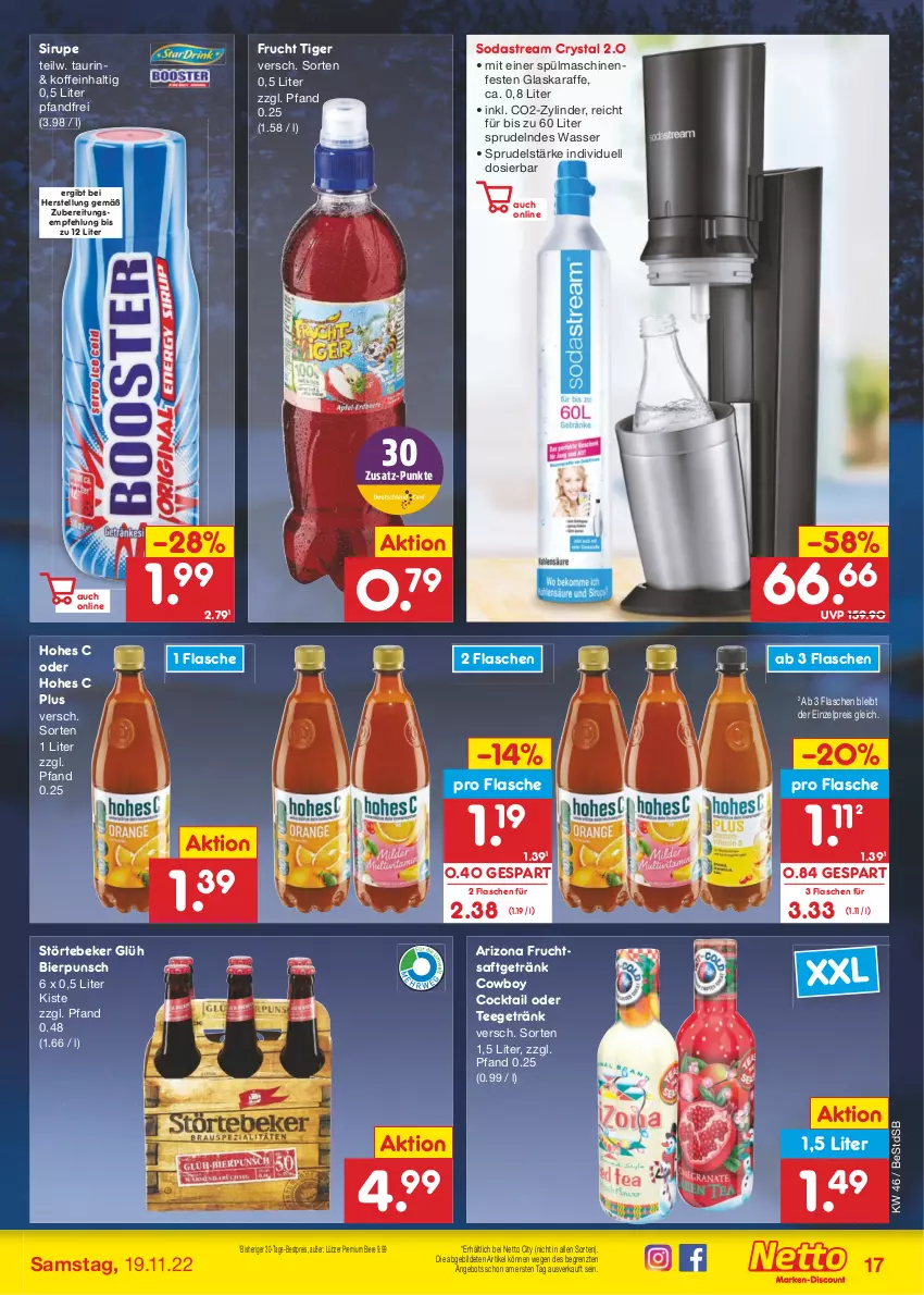 Aktueller Prospekt Netto Marken-Discount - Filial-Angebote - von 14.11 bis 19.11.2022 - strona 17 - produkty: angebot, bestpreis, bier, Biere, cocktail, eis, flasche, frucht, fruchtsaft, fruchtsaftgetränk, getränk, glaskaraffe, Hohes C, Karaffe, Lübzer, reis, saft, sirup, Soda, sodastream, Sprudel, spülmaschinen, störtebeker, tee, Ti, wasser, ZTE