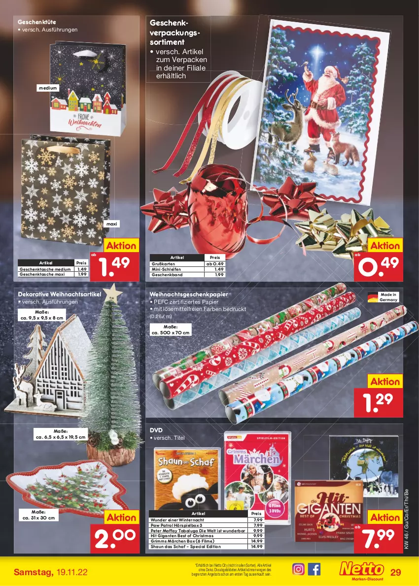 Aktueller Prospekt Netto Marken-Discount - Filial-Angebote - von 14.11 bis 19.11.2022 - strona 29 - produkty: angebot, dvd, eis, Germ, Geschenkpapier, Geschenktasche, Hörspielbox, papier, Paw Patrol, reis, Tasche, Ti, Tüte, ZTE