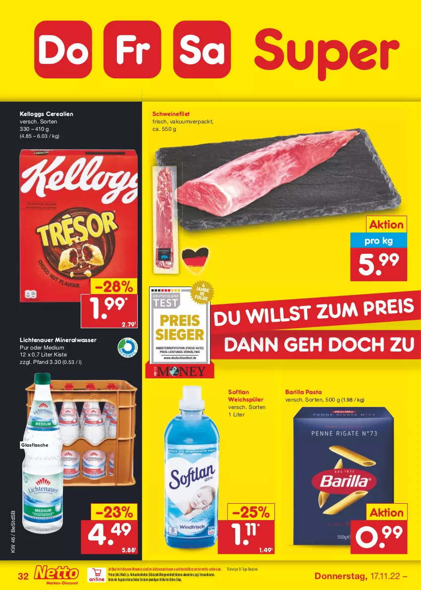 Aktueller Prospekt Netto Marken-Discount - Filial-Angebote - von 14.11 bis 19.11.2022 - strona 32 - produkty: Alwa, auer, barilla, bestpreis, cerealien, eis, filet, flasche, glasflasche, lichtenauer, mineralwasser, ndk, pasta, reis, schwein, schweine, schweinefilet, Softlan, Ti, wasser, weichspüler, wein, weine