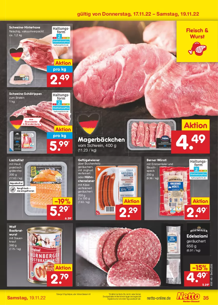 Aktueller Prospekt Netto Marken-Discount - Filial-Angebote - von 14.11 bis 19.11.2022 - strona 35 - produkty: angebot, aqua, auer, axe, Bau, bestpreis, braten, bratwurst, buch, Edelsalami, eis, emmentaler, filet, fleisch, Geflügel, Haxe, Holz, joghur, joghurt, Käse, Kraut, lachs, lachsfilet, reis, Rippen, rostbratwurst, salami, Sauerkraut, schwein, schweine, Speck, Ti, tisch, wein, weine, wiener, wurst, ZTE