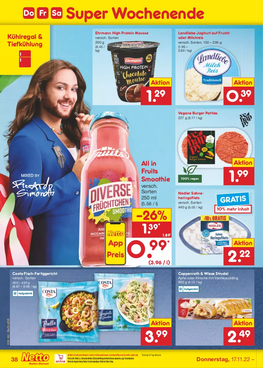 Aktueller Prospekt Netto Marken-Discount - Filial-Angebote - von 14.11 bis 19.11.2022 - strona 38 - produkty: apfel, bestpreis, burger, coppenrath, ehrmann, eis, fertiggericht, filet, filets, fisch, frucht, hering, Herings, heringsfilets, joghur, joghurt, kirsch, kirsche, kühlregal, landliebe, landliebe joghurt, milch, milchreis, mousse, nadler, ndk, pudding, regal, reis, ring, sahne, smoothie, Strudel, Ti, vanille