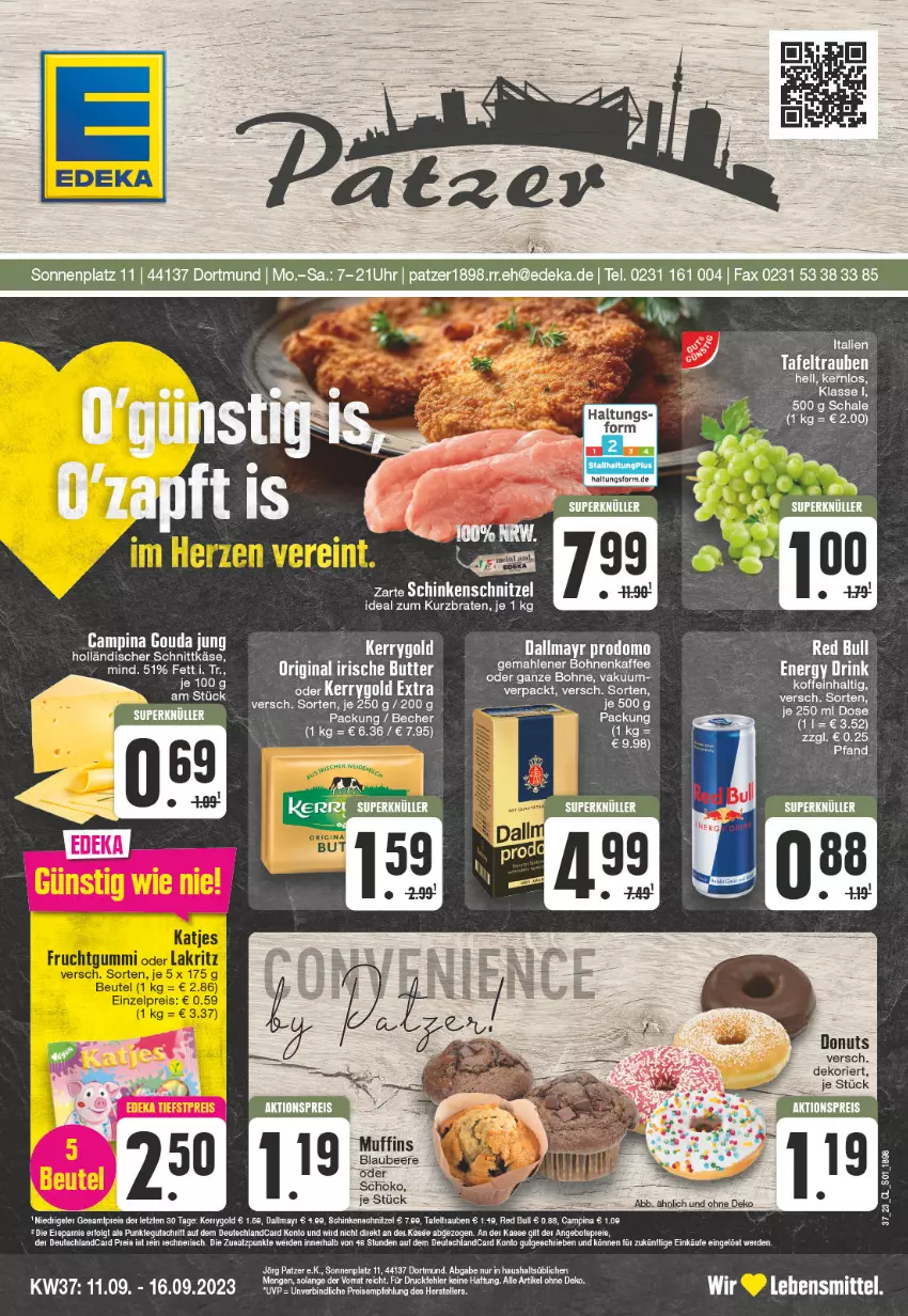 Aktueller Prospekt Edeka - Angebote der Woche - von 11.09 bis 16.09.2023 - strona 1 - produkty: Becher, bohne, braten, butter, dallmayr, dallmayr prodomo, Donut, donuts, eis, elle, ente, erde, gin, gouda, gouda jung, holländischer schnittkäse, irische butter, Käse, kerrygold, lebensmittel, Muffin, muffins, prodomo, red bull, reis, Schal, Schale, schnittkäse, schoko, tafeltrauben, tee, teller, Ti, trauben