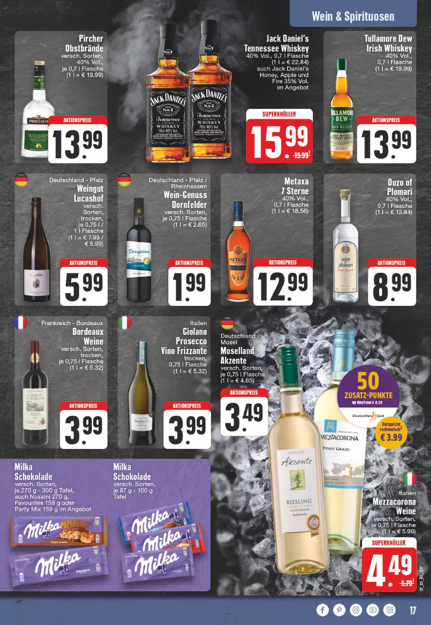 Aktueller Prospekt Edeka - Angebote der Woche - von 11.09 bis 16.09.2023 - strona 17 - produkty: angebot, Apple, corona, ecco, ente, flasche, frizzante, irish whiskey, jack daniel, Jack Daniel’s, mezzacorona, moselland, nuss, obst, Pinot, prosecco, riesling, schoko, schokolade, spirituosen, tennessee whiskey, tullamore, tullamore dew, wein, weine, whiskey