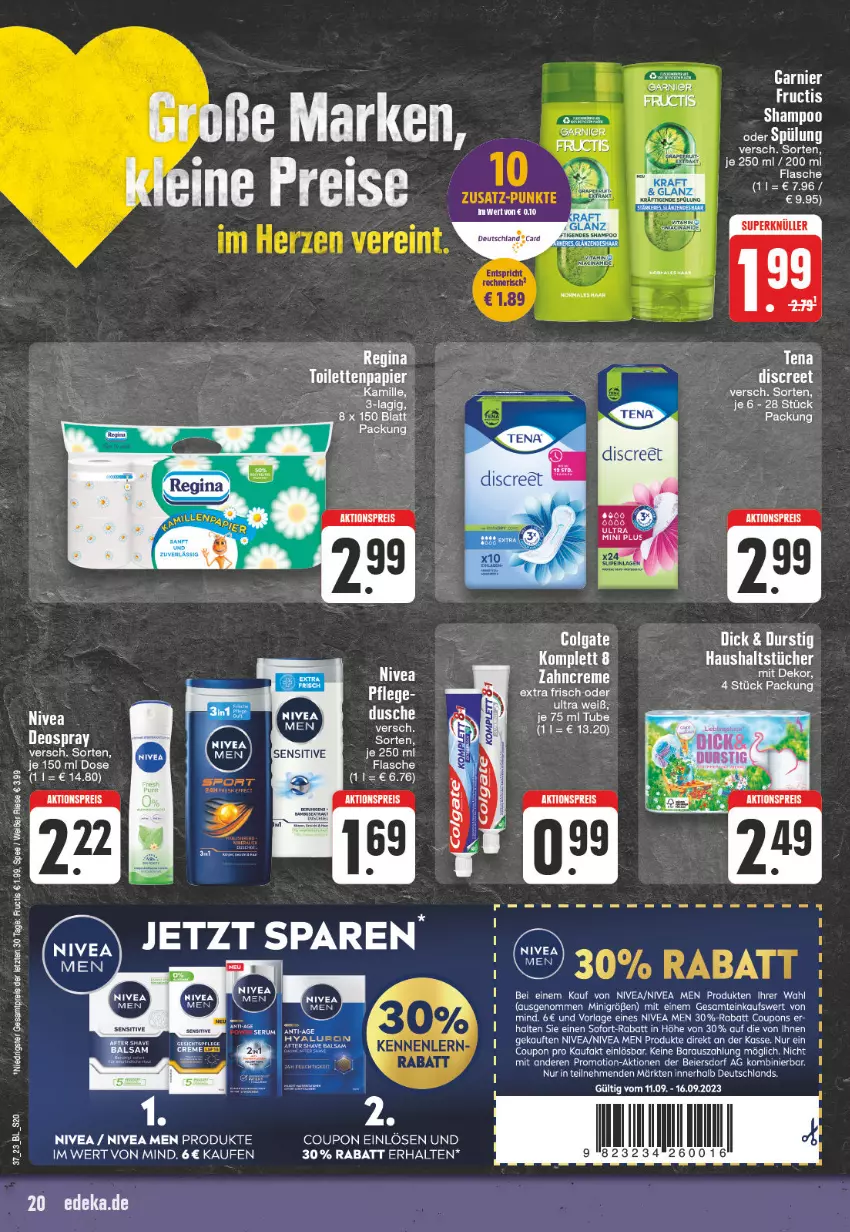 Aktueller Prospekt Edeka - Angebote der Woche - von 11.09 bis 16.09.2023 - strona 20 - produkty: aktionspreis, colgate, coupon, coupons, creme, eier, eis, elle, flasche, fructis, garnier, gin, haushaltstücher, LG, nivea, Nivea Men, papier, reis, shampoo, sofort-rabatt, spee, spülung, Ti, toilettenpapier, tücher, zahncreme, ZTE