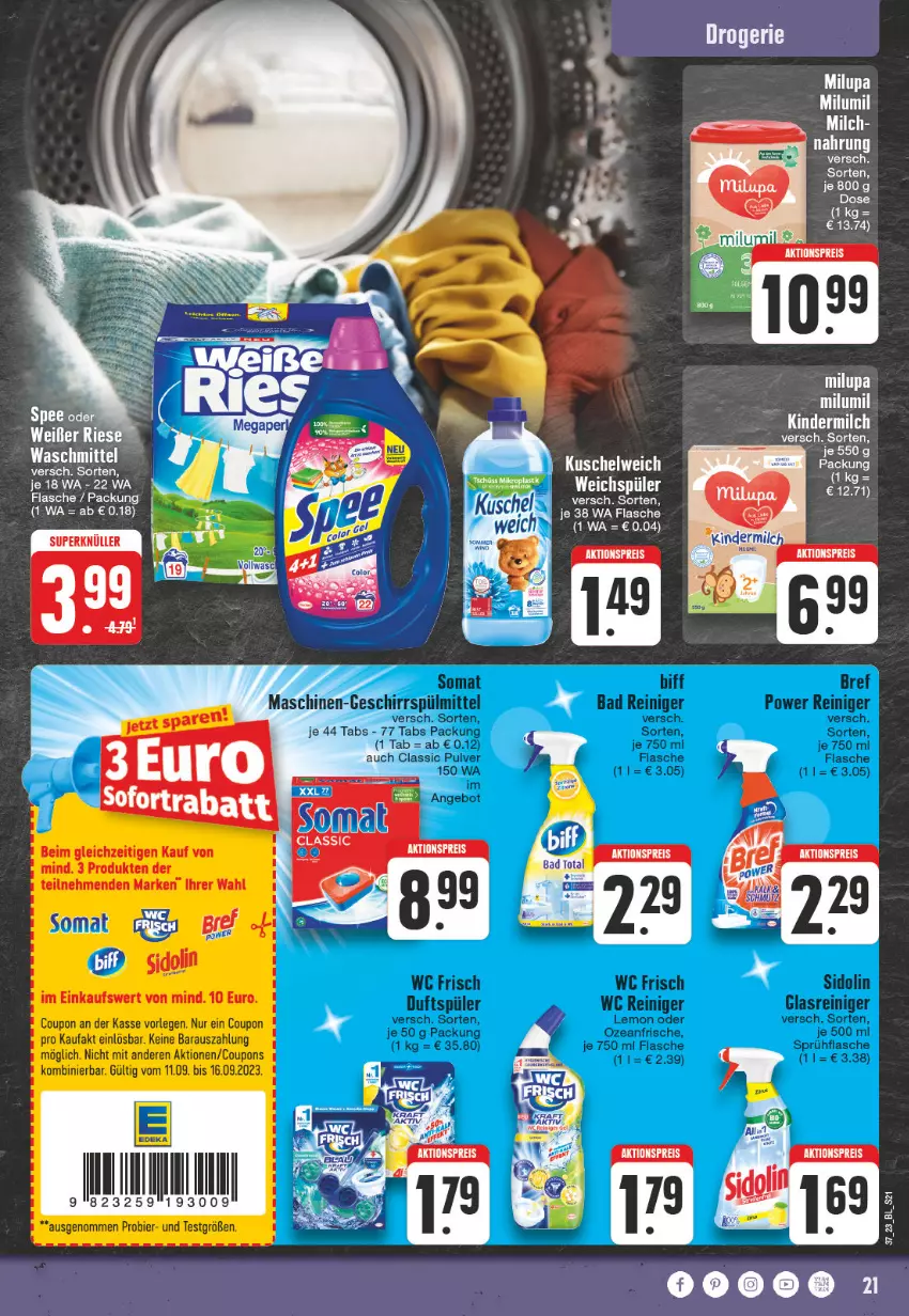 Aktueller Prospekt Edeka - Angebote der Woche - von 11.09 bis 16.09.2023 - strona 21 - produkty: Bad, bier, coupon, coupons, flasche, Kinder, kindermilch, Kuschelweich, milch, milupa, Ti, waschmittel, weichspüler