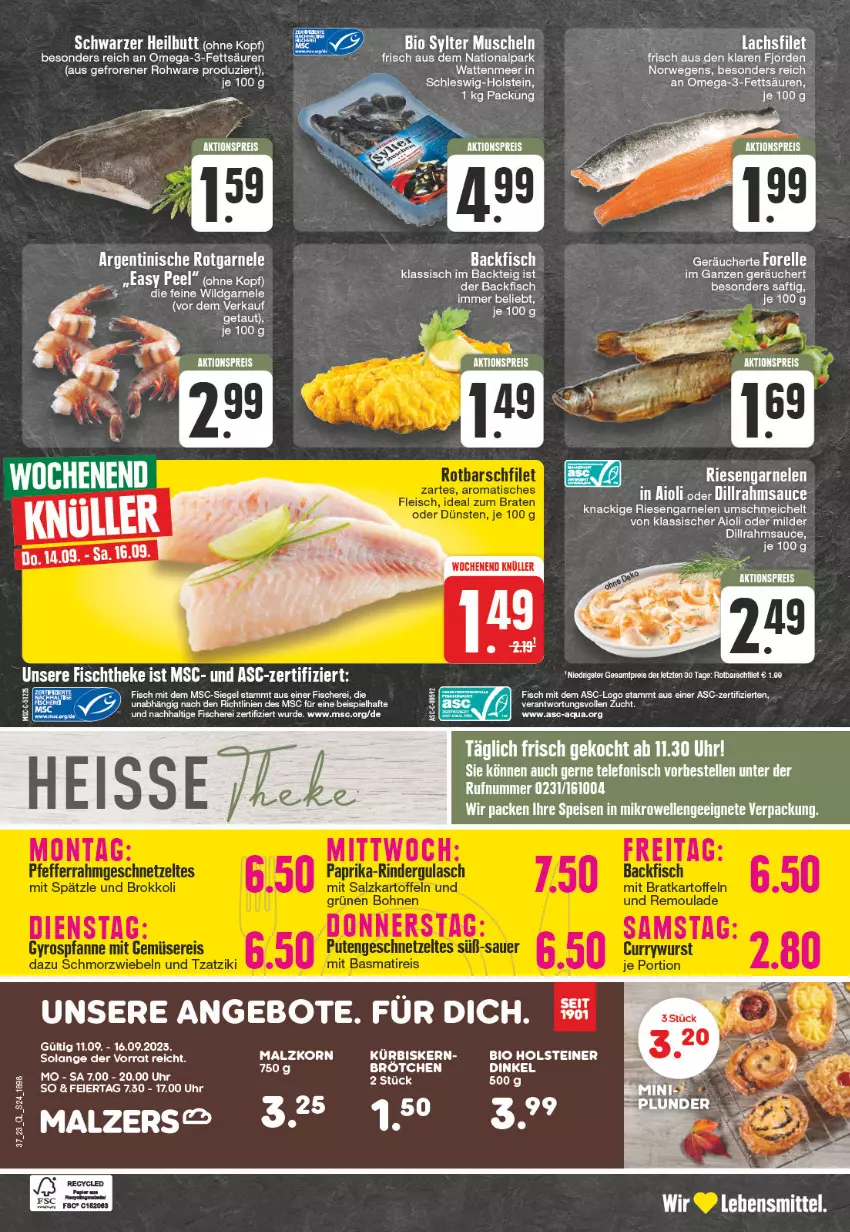 Aktueller Prospekt Edeka - Angebote der Woche - von 11.09 bis 16.09.2023 - strona 24 - produkty: aioli, angebot, angebote, aqua, backfisch, bio, eier, eis, elle, ente, fisch, fische, Fischer, fischtheke, garnelen, holsteiner, korn, lebensmittel, malz, Muscheln, omega, Omega-3, reis, riesengarnelen, rwe, saft, sauce, Schere, steiner, Sylter, tee, telefon, Ti, uhr, Wild