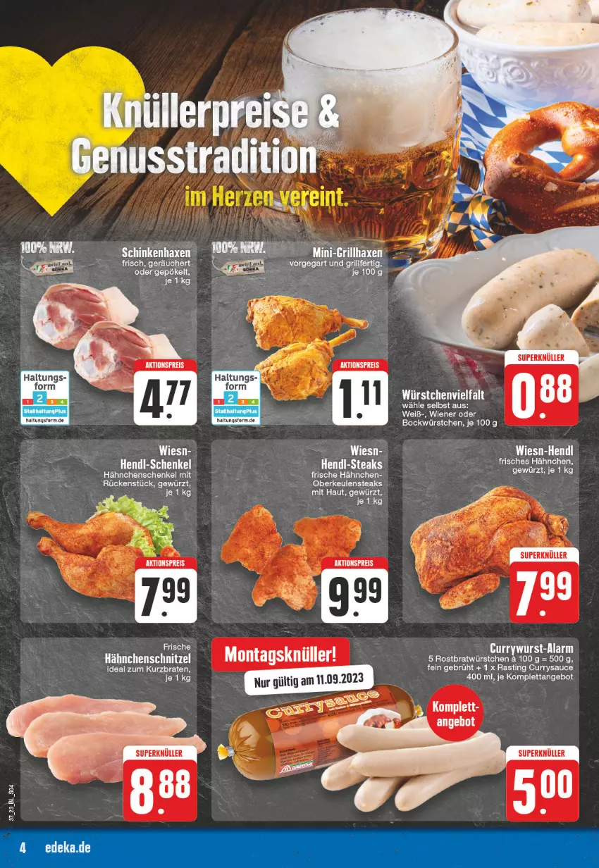 Aktueller Prospekt Edeka - Angebote der Woche - von 11.09 bis 16.09.2023 - strona 4 - produkty: aktionspreis, angebot, asti, axe, braten, curry, eis, Frische Hähnchen, gewürz, grill, grillhaxe, Haxe, Hendl, henkel, LG, reis, sauce, schenkel, schinken, steak, steaks, Ti, wiener, würstchen