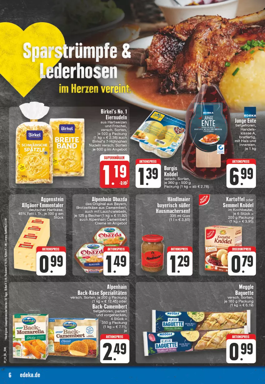 Aktueller Prospekt Edeka - Angebote der Woche - von 11.09 bis 16.09.2023 - strona 6 - produkty: aktionspreis, Alpenhain, angebot, Bad, Becher, birkel, brot, camembert, creme, eier, eis, elle, emmentaler, geback, gin, hartweizen, Hausmacher, kartoffel, Käse, Knödel, Kühne, LG, lorenz, mac, meggle, nudel, nudeln, Paula, paulaner, reis, senf, Spezi, strümpfe, tee, Ti