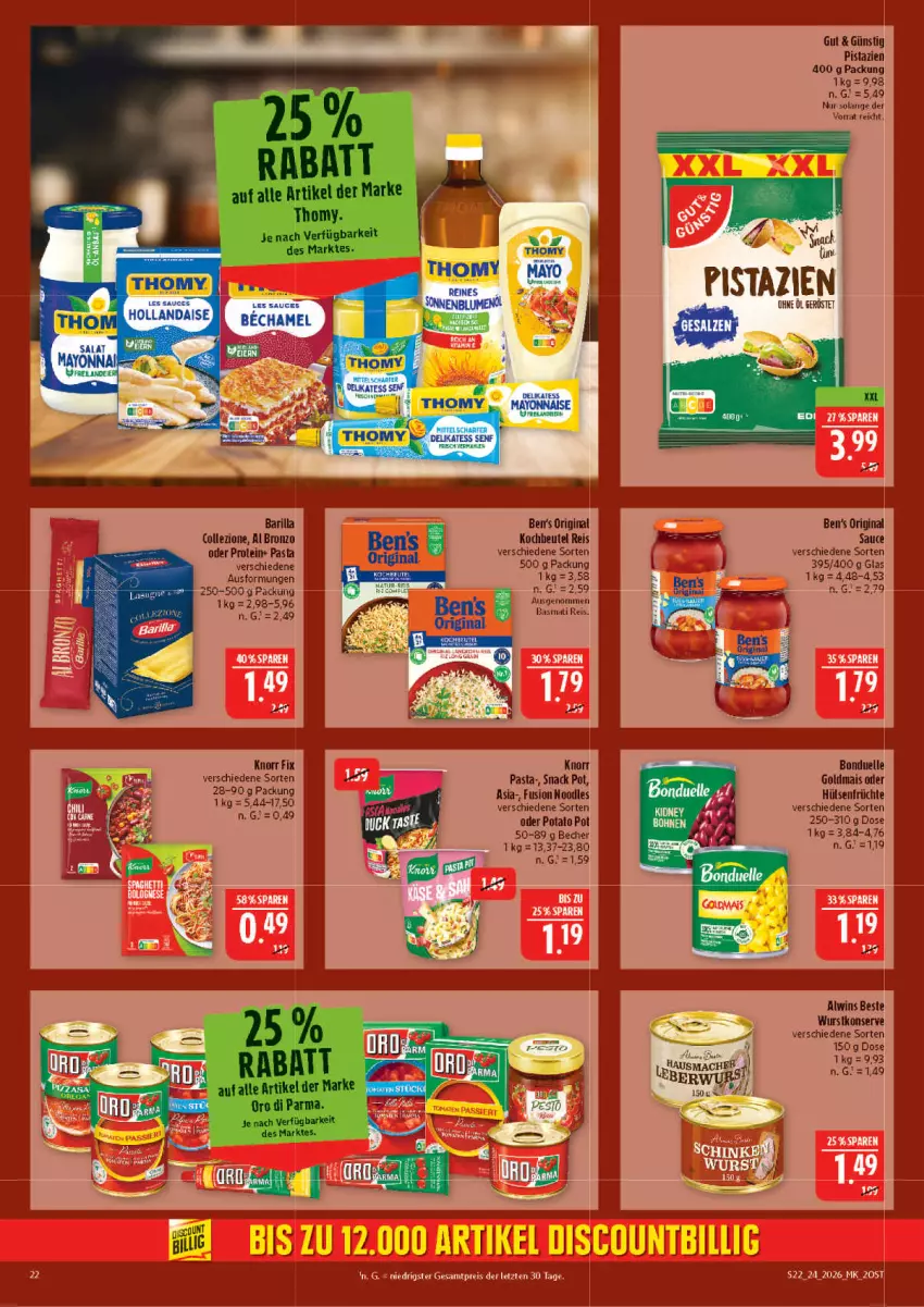 Aktueller Prospekt Marktkauf - Prospekt - von 07.06 bis 13.06.2026 - strona 22 - produkty: barilla, basmati, Basmati Reis, Becher, Ben’s Original, beutel, blume, blumen, blumenöl, bonduelle, bonduelle goldmais, eis, elle, früchte, gin, Goldmais, goldmais oder, hülsenfrüchte, knorr, knorr fix, kochbeutel, mais, mayonnaise, oro di parma, pasta, pistazien, reis, sauce, senf, snack, sonnenblume, sonnenblumen, sonnenblumenöl, thomy, Ti, wurst, Yo