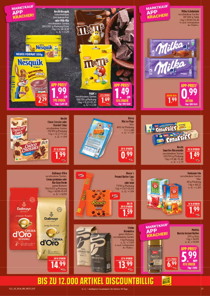 Aktueller Prospekt Marktkauf - Prospekt - von 07.06 bis 13.06.2026 - strona 23 - produkty: bio, bohne, bohnen, butter, chips, choclait chips, choco crossies, crossies, discount, erde, getränk, getränke, getränkepulver, kaffee, milka, milka schokolade, peanut butter, schoko, schokolade, tee, teekanne, Ti