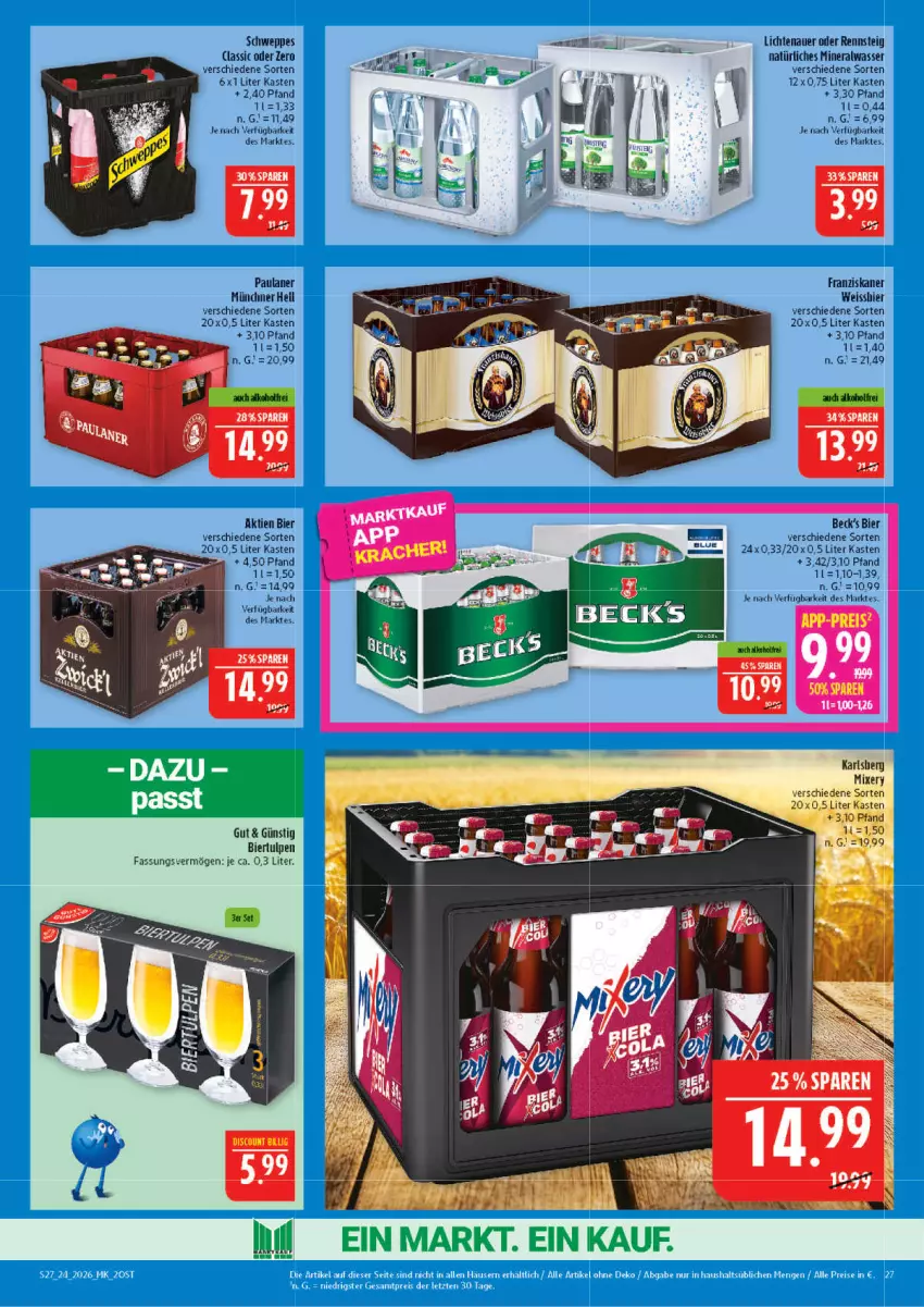 Aktueller Prospekt Marktkauf - Prospekt - von 07.06 bis 13.06.2026 - strona 27 - produkty: Alwa, auer, bier, eis, franziskaner, karlsberg, karlsberg mixery, lichtenauer, mineralwasser, Mixer, mixery, natürliches mineralwasser, Paula, paulaner, reis, schweppes, Ti, wasser, weissbier
