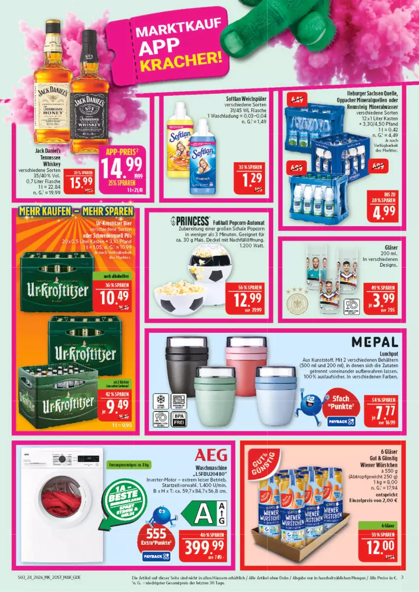 Aktueller Prospekt Marktkauf - Prospekt - von 07.06 bis 13.06.2026 - strona 3 - produkty: Alwa, Behälter, burger, Dany, decke, Deckel, eis, elle, flasche, Gläser, HP, jack daniel, jack daniel's, mais, mineralwasser, popcorn, reis, sac, Schal, Schale, tennessee whiskey, Ti, waschmaschine, wasser, whiskey, wiener, wiener würstchen, würstchen, ZTE