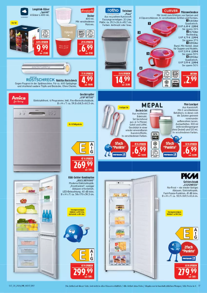 Aktueller Prospekt Marktkauf - Prospekt - von 07.06 bis 13.06.2026 - strona 37 - produkty: Becher, Behälter, beleuchtung, besteck, bestecke, decke, Deckel, drink, edelstahl, eimer, eis, elle, gabel, gefrierschrank, geschirr, geschirrspüler, Gläser, henkel, HP, led-beleuchtung, LG, Löffel, messer, mikrowelle, Mode, nudel, nudeln, quad, reis, rostschreck, rwe, Schrank, suppe, suppen, Ti, tisch, treteimer