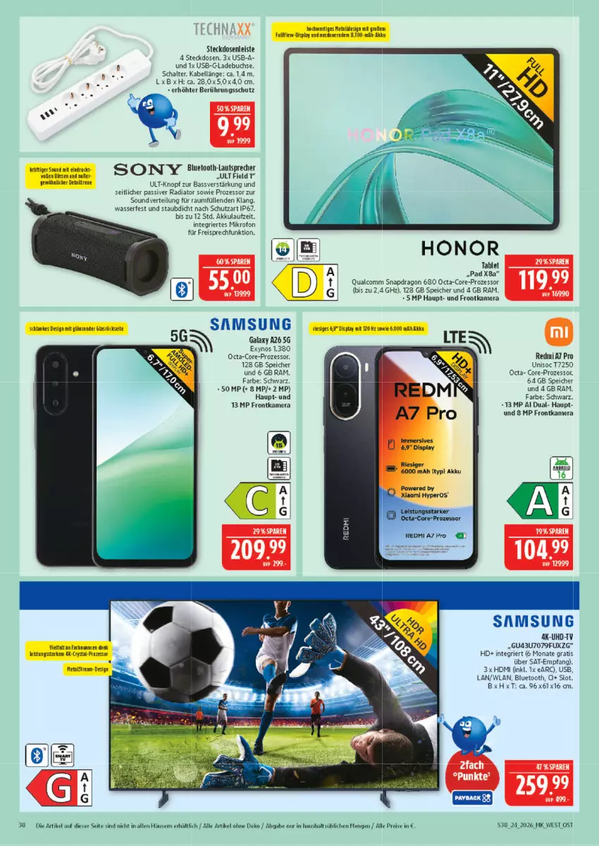 Aktueller Prospekt Marktkauf - Prospekt - von 07.06 bis 13.06.2026 - strona 38 - produkty: akku, auer, buch, eis, frontkamera, Glade, HDMI, Honor, kamera, Nuance, reis, Samsung, Schal, steckdose, Steckdosenleiste, tablet, Ti, uhd, UHD-TV, usb, wasser