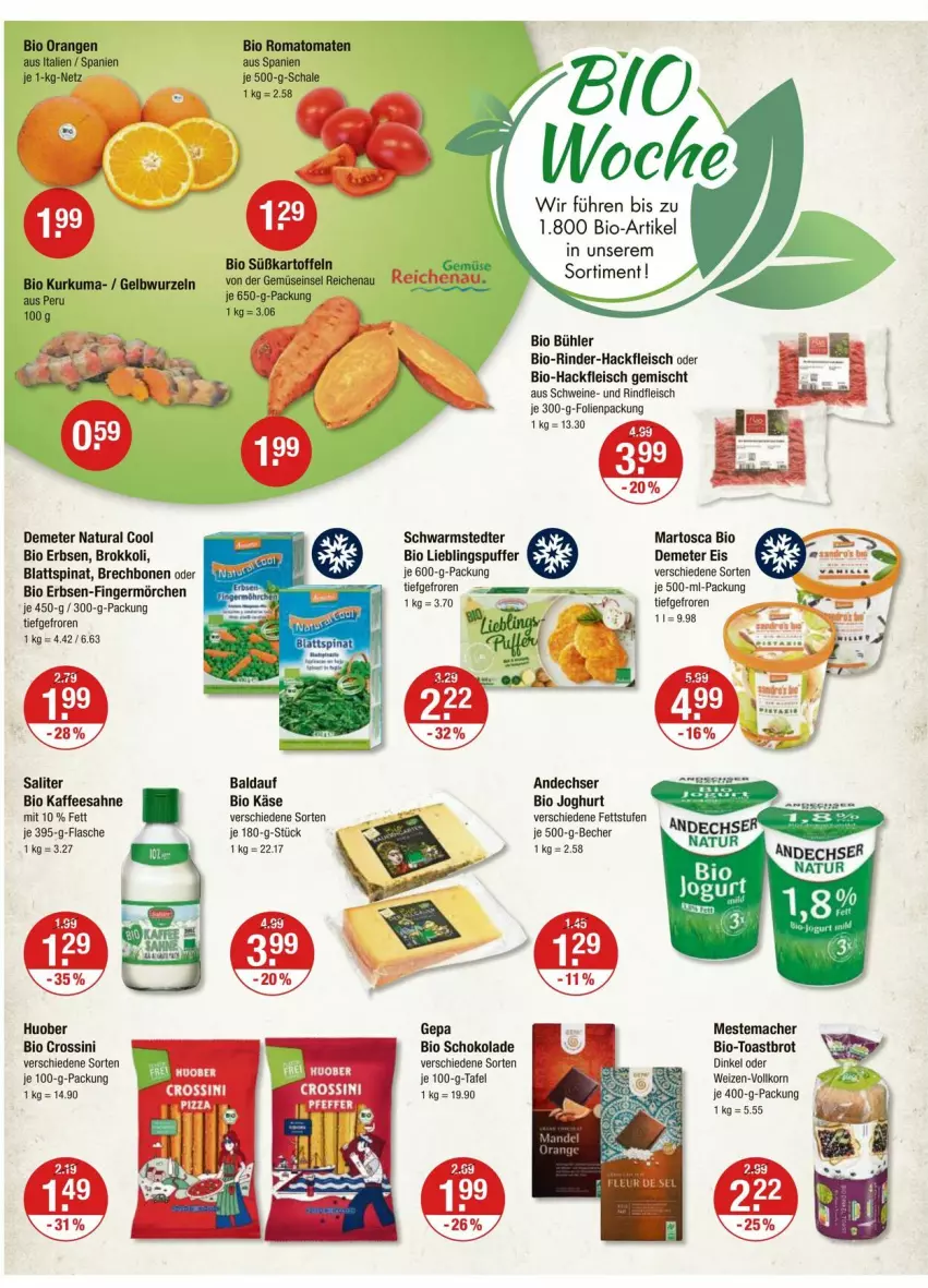 Aktueller Prospekt Vmarkt - Prospekte - von 14.03 bis 20.03.2024 - strona 10 - produkty: Becher, bio, Bio-Hackfleisch, blattspinat, brokkoli, brot, eis, erbsen, flasche, fleisch, Germ, hackfleisch, hackfleisch gemischt, huober, joghur, joghurt, kaffee, kartoffel, kartoffeln, Käse, korn, mac, mestemacher, natur, natura, rind, rinder, rinder-hackfleisch, rindfleisch, Romatomaten, sahne, saliter, Schal, Schale, schoko, schokolade, schwarmstedter, schwein, schweine, spinat, Süßkartoffeln, Ti, toast, Toastbrot, tomate, tomaten, wein, weine