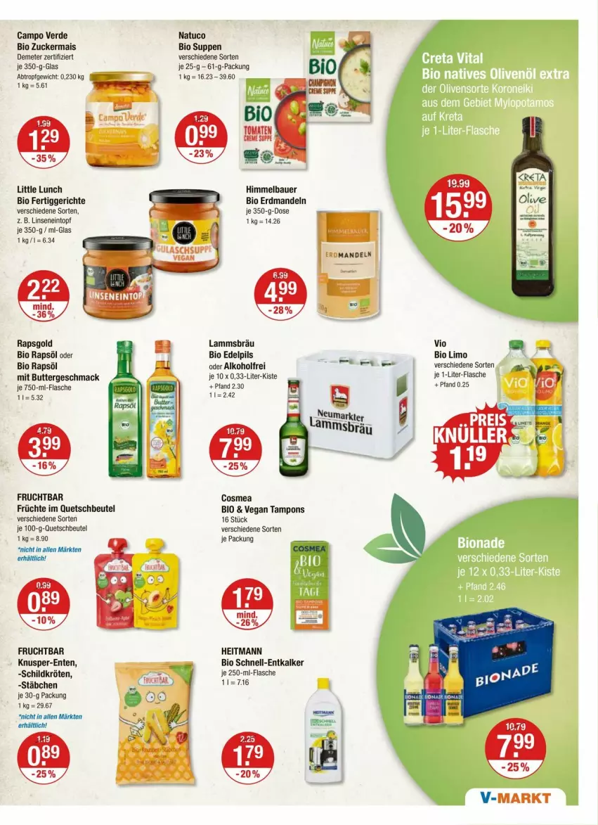 Aktueller Prospekt Vmarkt - Prospekte - von 14.03 bis 20.03.2024 - strona 11 - produkty: alkohol, auer, Bau, Bauer, beutel, bio, bio limo, bionade, butter, Campo Verde, cosmea, eintopf, ente, entkalker, erde, fertiggericht, fertiggerichte, flasche, frucht, früchte, heitmann, je 1-liter-flasche, lamm, limo, linsen, mac, mais, mandel, mandeln, pils, quetschbeutel, rapsöl, suppe, suppen, Tampon, tampons, Ti, topf, tuc, zucker, zuckermais