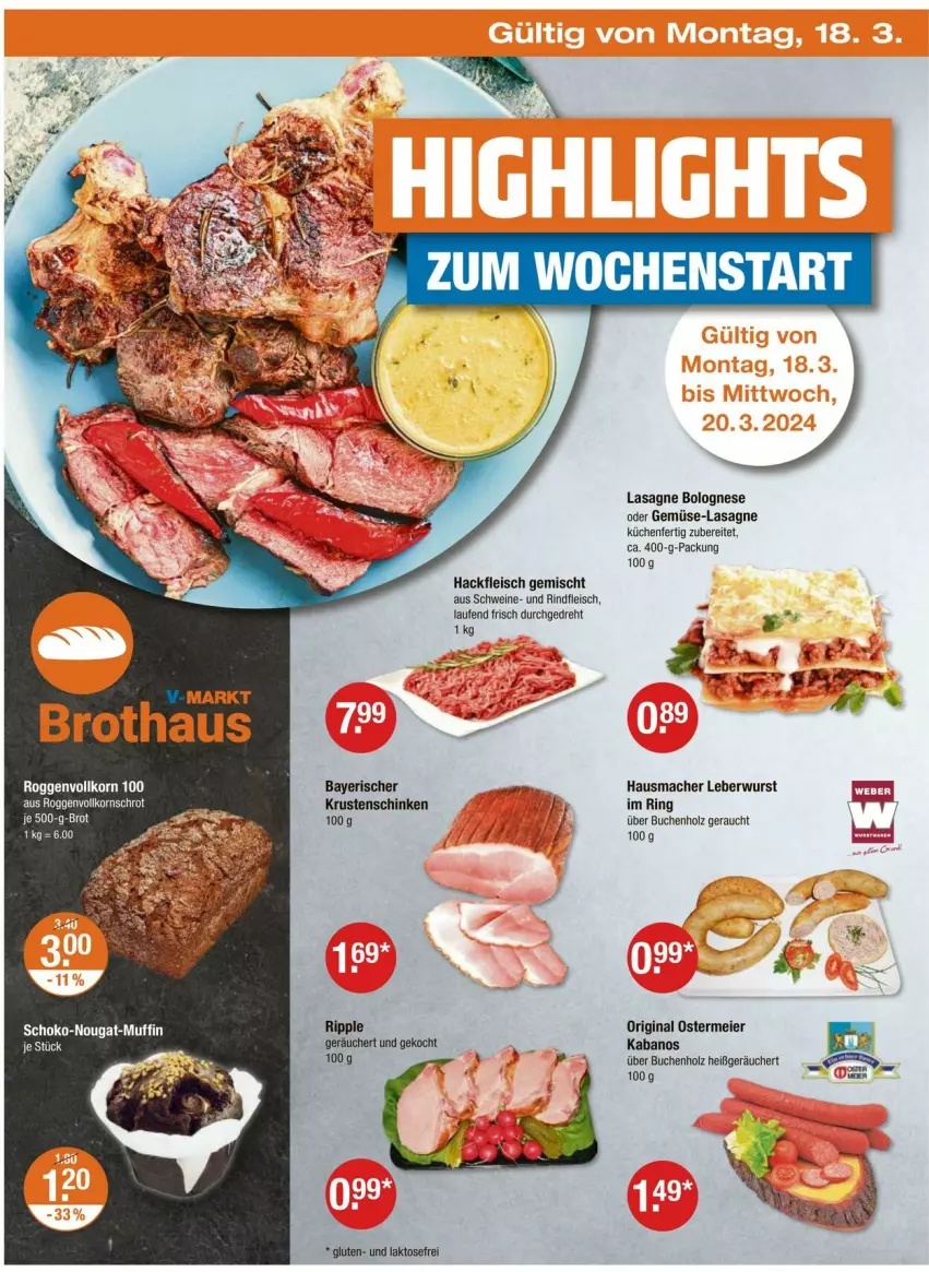 Aktueller Prospekt Vmarkt - Prospekte - von 14.03 bis 20.03.2024 - strona 22 - produkty: bolognese, brot, buch, eier, eis, fleisch, gin, hackfleisch, hackfleisch gemischt, Hausmacher, Holz, je 500-g-brot, kabanos, korn, Krustenschinken, küche, Küchen, lasagne, Laufen, leberwurst, mac, Rauch, rind, rindfleisch, ring, schinken, schwein, schweine, tee, Ti, wein, weine, wurst