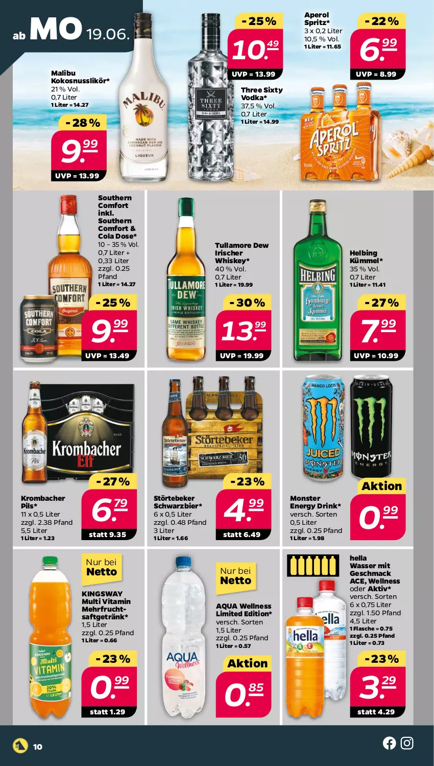 Aktueller Prospekt Netto - Woche 25 - von 19.06 bis 24.06.2023 - strona 10 - produkty: aperol, aqua, bier, cola, drink, energy drink, flasche, frucht, fruchtsaft, fruchtsaftgetränk, getränk, gsw, hella, kokos, kokosnuss, krombache, krombacher, krombacher pils, likör, mac, Malibu, monster, Monster Energy, nuss, pils, saft, Southern Comfort, störtebeker, Three Sixty, Ti, tullamore, tullamore dew, vita, vodka, wasser, whiskey