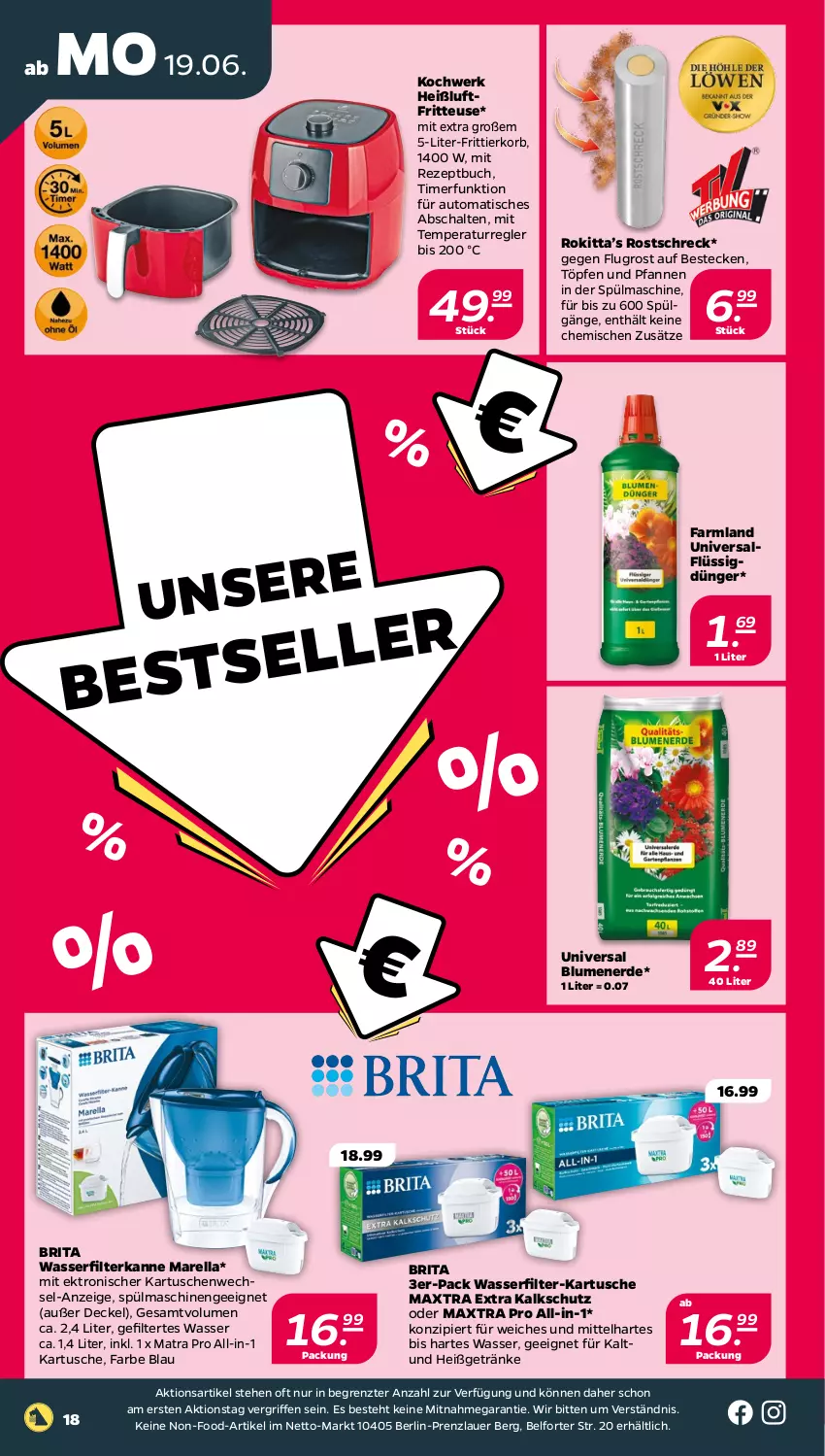 Aktueller Prospekt Netto - Woche 25 - von 19.06 bis 24.06.2023 - strona 18 - produkty: auer, auto, besteck, bestecke, blume, blumen, blumenerde, brita, buch, decke, Deckel, dünger, erde, flüssigdünger, fritteuse, Frittierkorb, getränk, getränke, Heißluftfritteuse, korb, LG, Maxtra, pfanne, pfannen, rel, rezept, rostschreck, Schal, spülmaschinen, Ti, timer, tisch, und pfanne, wasser, wasserfilter, ZTE