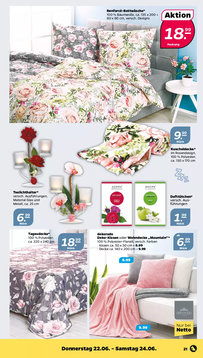 Aktueller Prospekt Netto - Woche 25 - von 19.06 bis 24.06.2023 - strona 21 - produkty: Bau, baumwolle, bett, bettwäsche, decke, kissen, kuscheldecke, renforcé-bettwäsche, Ria, rosen, tagesdecke, tee, Teelicht, teelichthalter, Ti, wolle